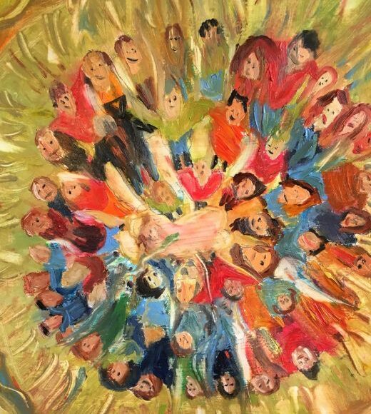 A colorful abstract painting depicting a circle of people, each dressed in varied bright clothing. The figures have indistinguishable facial features and radiate outward from the center, forming a circular, communal pattern on a light greenish-yellow background.