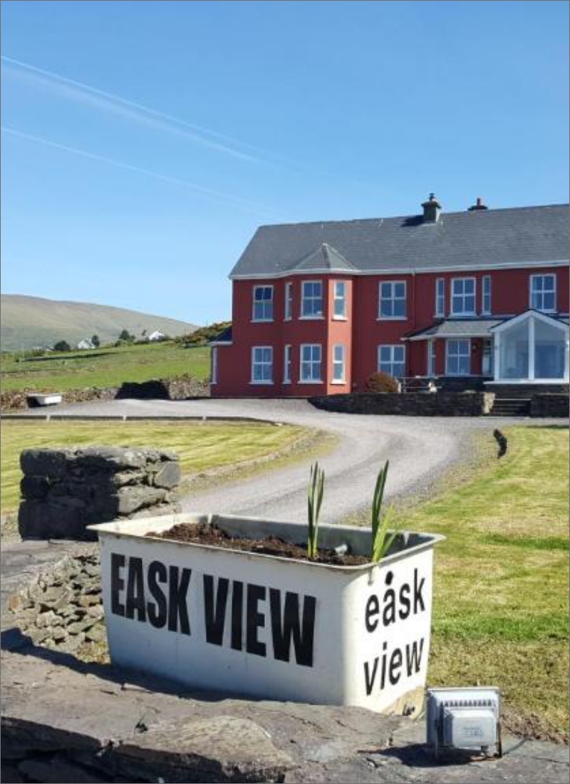 A red two-story house with a glass-enclosed porch stands in the background, set against a hilly landscape. In the foreground, a large planter labeled "Eask View" contains a few sprouting plants. A stone wall and paved driveway lead up to the house.