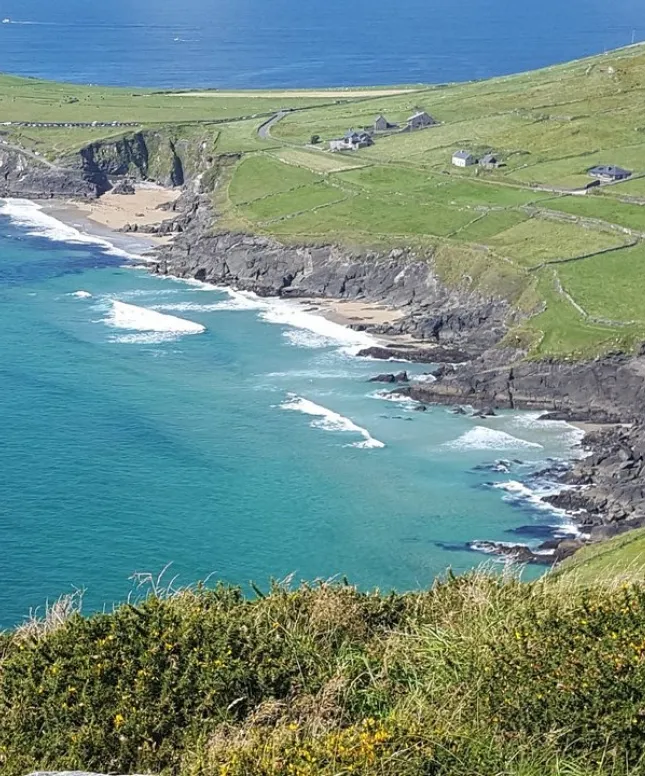 Scenic coastal view featuring a lush green landscape with cliffs meeting the blue ocean. Waves crash gently onto a sandy beach, with a few houses dotting the grassy hillside under a clear blue sky.