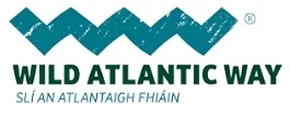 Logo of the Wild Atlantic Way with a stylized wave design in teal. Below the wave, text reads "WILD ATLANTIC WAY" and "SLÍ AN ATLANTAIGH FHIAIN" in Irish, both in matching teal color.