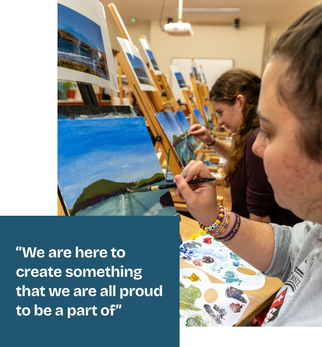 A person painting a landscape on a canvas, surrounded by other paintings on easels. They hold a brush and wear colorful bracelets. A quote on a teal background reads, “We are here to create something that we are all proud to be a part of.”.