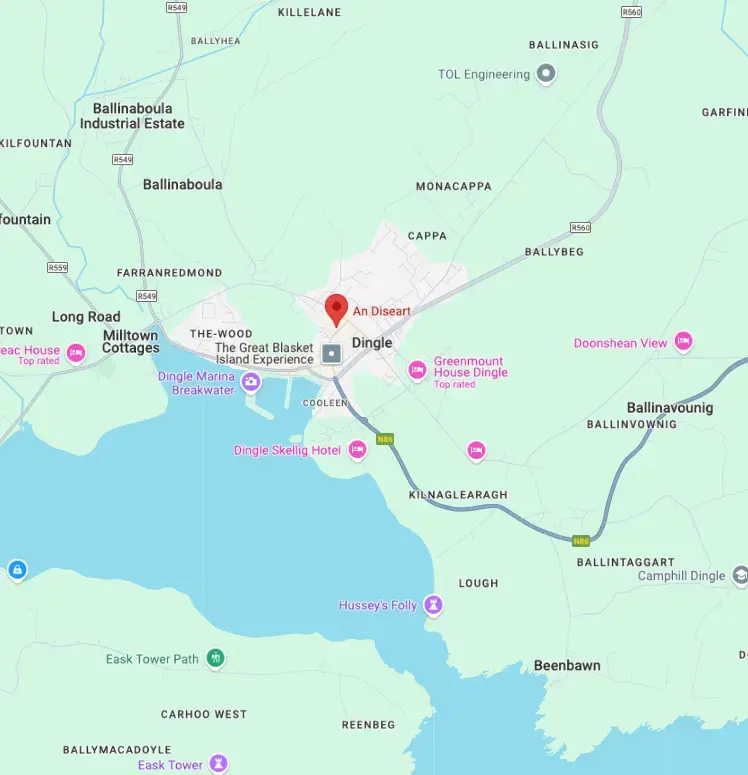 A map showing the town of Dingle and surrounding areas in County Kerry, Ireland, with nearby roads, landmarks, hotels, natural features like Dingle Bay and Beenbawn—ideal for planning your route and Getting Here with ease.